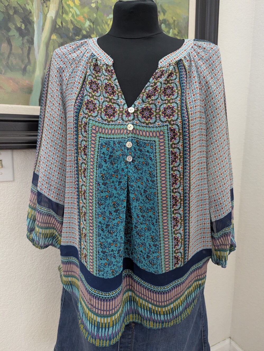Fig and Flower Colorful Patterned Blouse Size M-Spring/Work Top